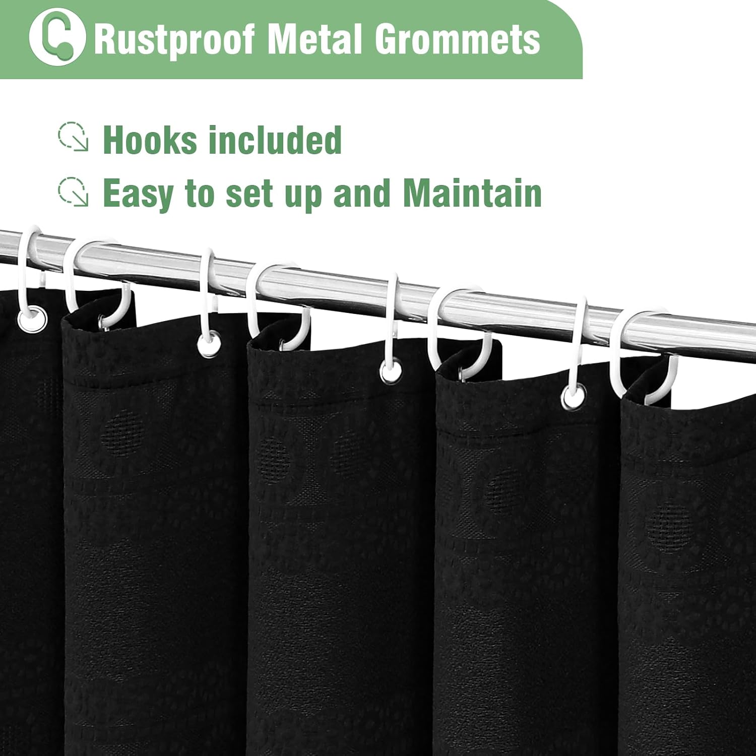 Black Boho Waffle Shower Curtain 72 x 72, Weave Heavy Duty Hotel Quality Fabric, Modern Geometric Weighted Luxury Bathroom Curtain with Hooks, Waterproof and Wrinkle-Resistant