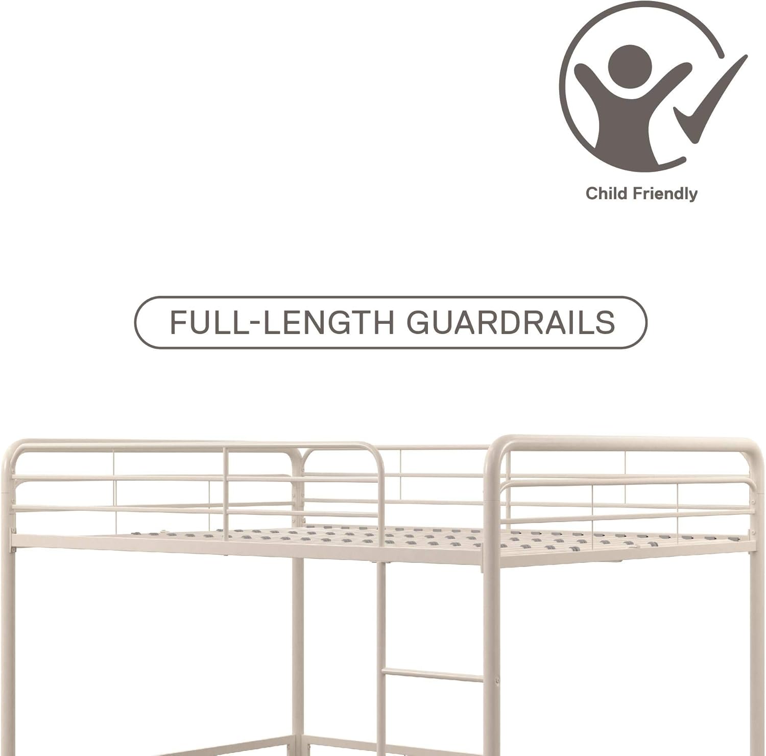 Graphic indicating child-friendly design and full-length guardrails