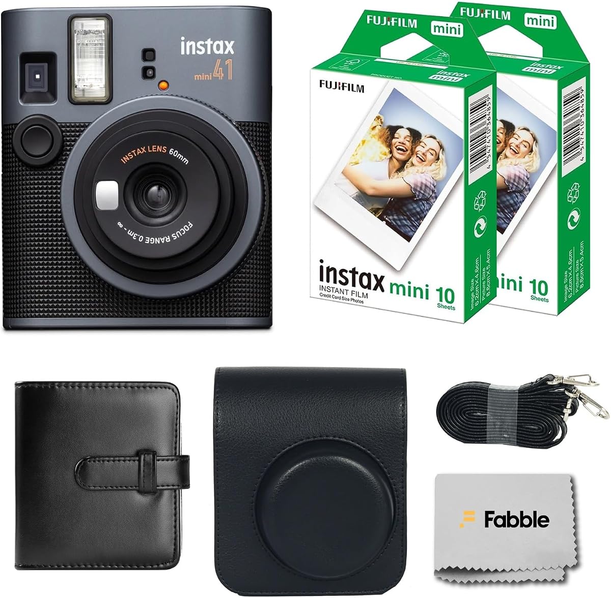 Instax Mini 41 Instant Film Camera Bundle with Groovy Case, Twin Pack Film (20 Sheets), Photo Album (32 Photos), –Vintage Black