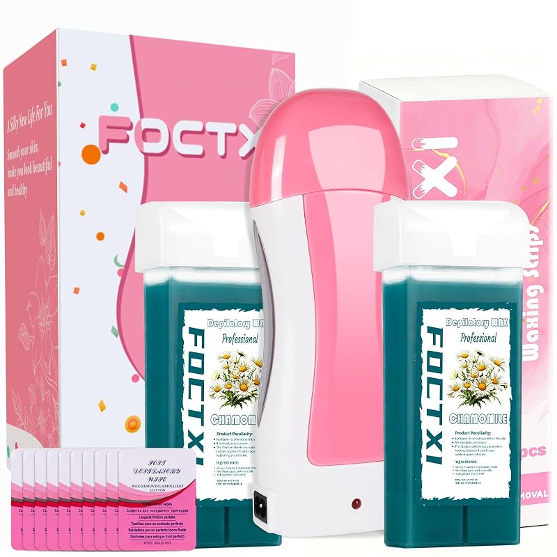 Kit de depilação com cera roll-on FOCTXI com 2 cartuchos de cera de camomila, 100 folhas não tecidas e 10 lenços