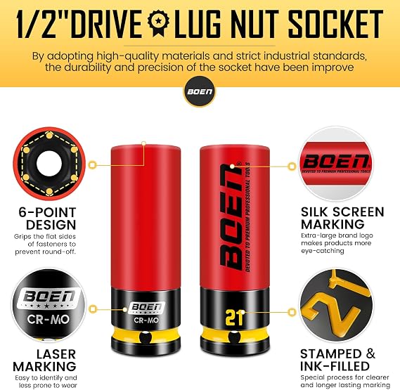 BOEN 21mm 1/2 Drive Wheel Protector Impact Socket, Non-Marring Thin Wall Wheel Protector Nut Socket, Color-Coded, Embossed and Painted Marking, CR-MO Steel