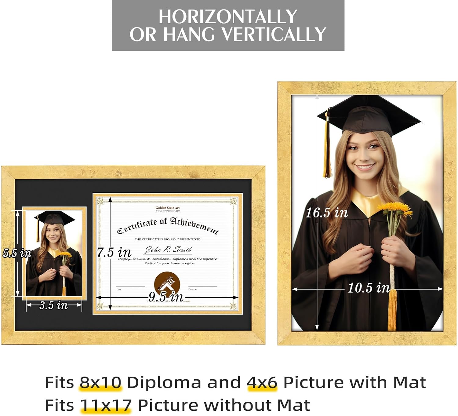 Golden State Art 8x10 Diploma Frame and 4x6 Picture, Solid Wood Certificate Frame with Real Glass Front, Display Diploma 8x10 with Black over Gold Double Mat or 11x17 Document Without Mat (1 Pack)