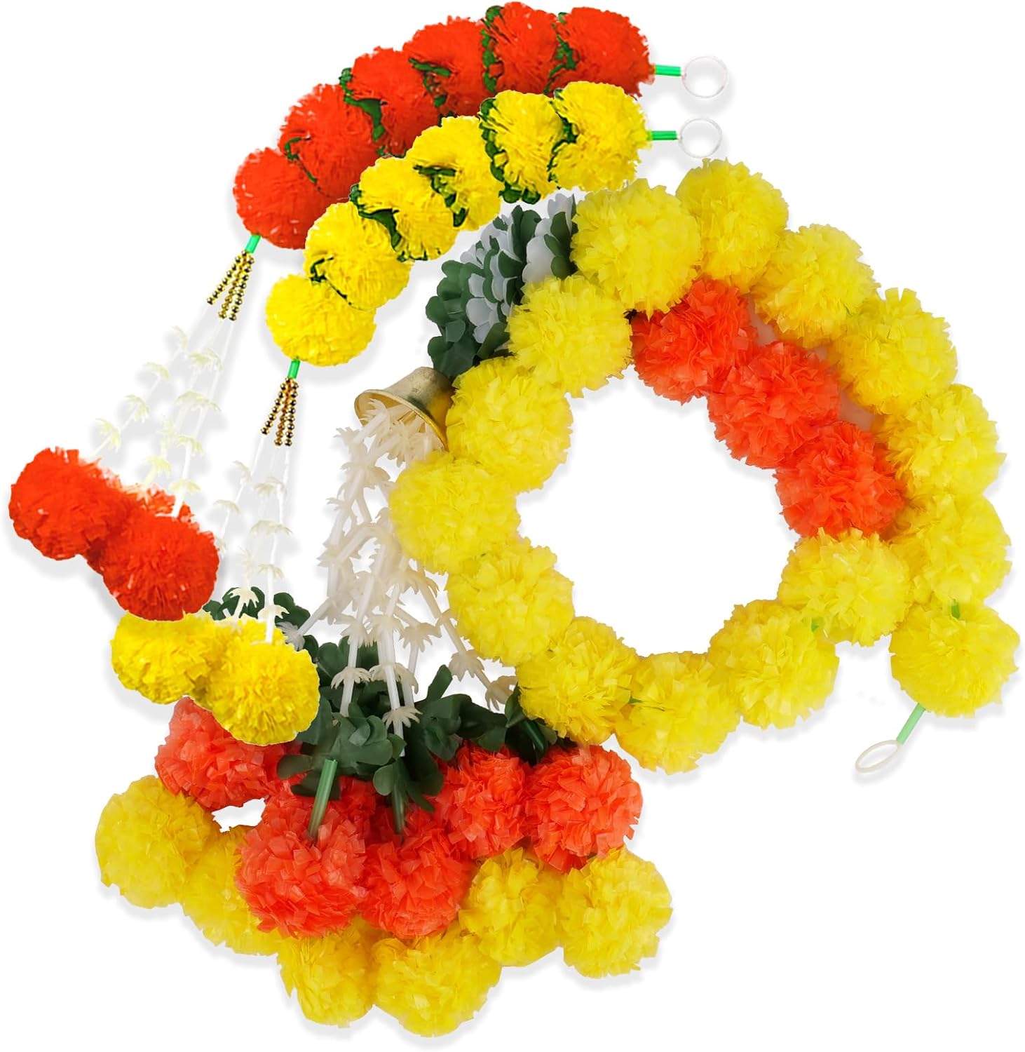 11PCS Diwali Decorations Marigold Garland for Home, Artificial Marigold with Bells and Leaves Long Strands for India Wedding, Pooja Decor, Marigold Flowers for All Year Decoration