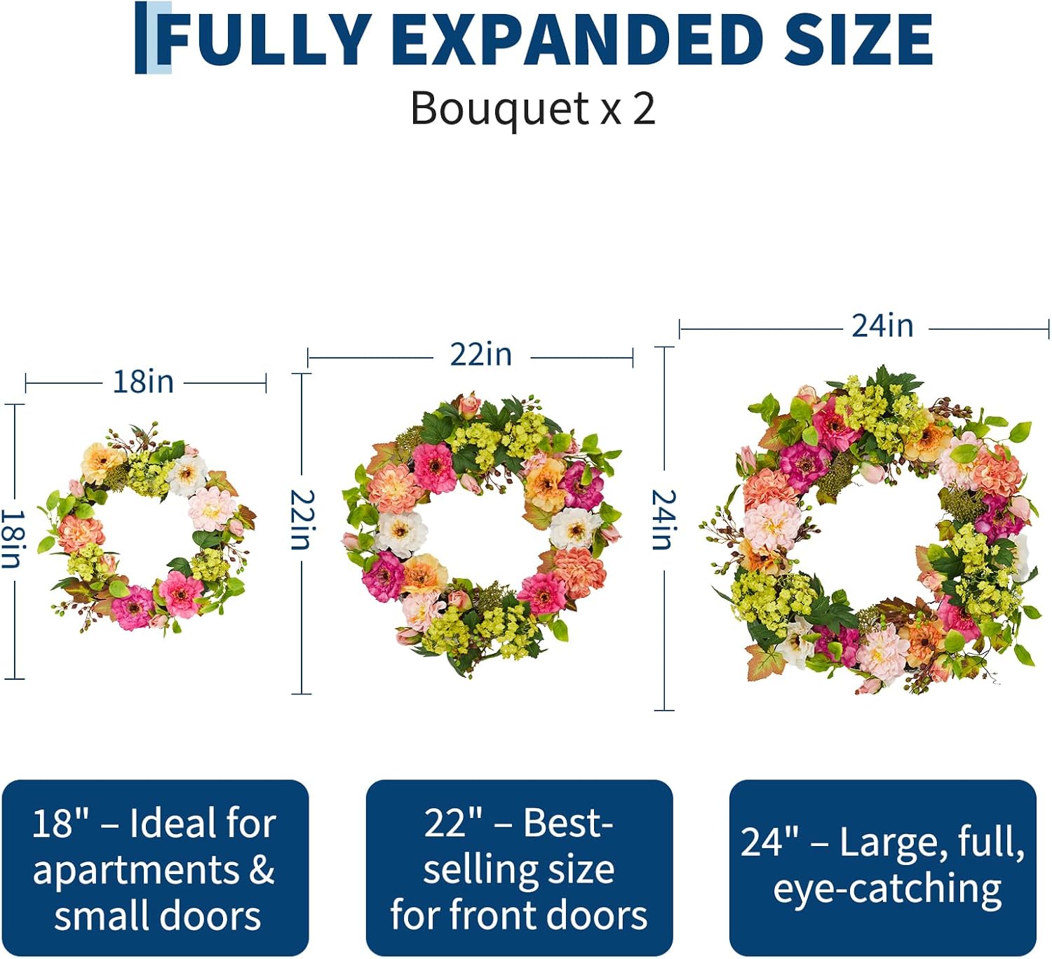 24 in Spring Wreaths for Front Door, Hydrangea and Peony Wreath with 2 Flower Bouquets, Artificial Floral Door Decor, Easter Farmhouse Wall Porch Window Spring Home Decoration