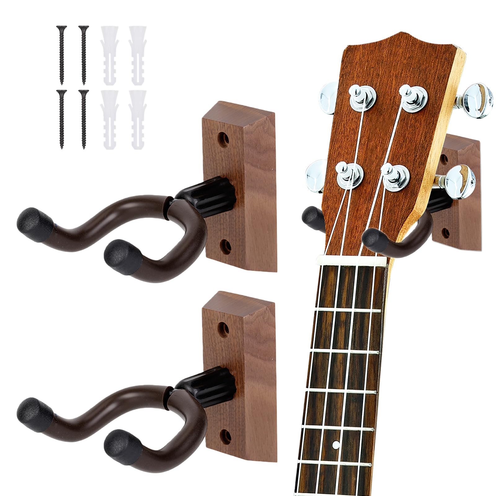 Uchwyt ścienny na gitarę z twardego drewna, 2 sztuki, drewno orzech włoski, uchwyt ścienny z wężem silikonowym i podstawą z twardego drewna, ukulele, uchwyt ścienny do gitary akustycznej