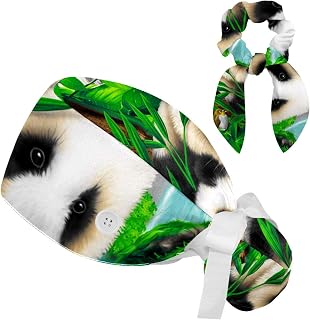 FVQL 2 Pieces Surgical Cap for Long Hair Scrub Cap with Hairband Nurse Cap, Animal Panda