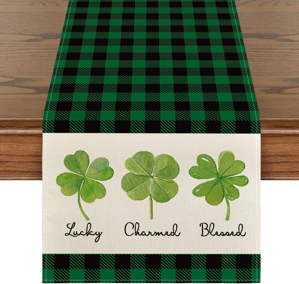 Artoid Mode Lucky Charmed Blessed Clover Shamrock Table Runner, Seasonal Buffalo Plaid St. Patrick's Day Holiday Kitchen Dining Table Runner for Home Party Decor 13 x 108 Inch