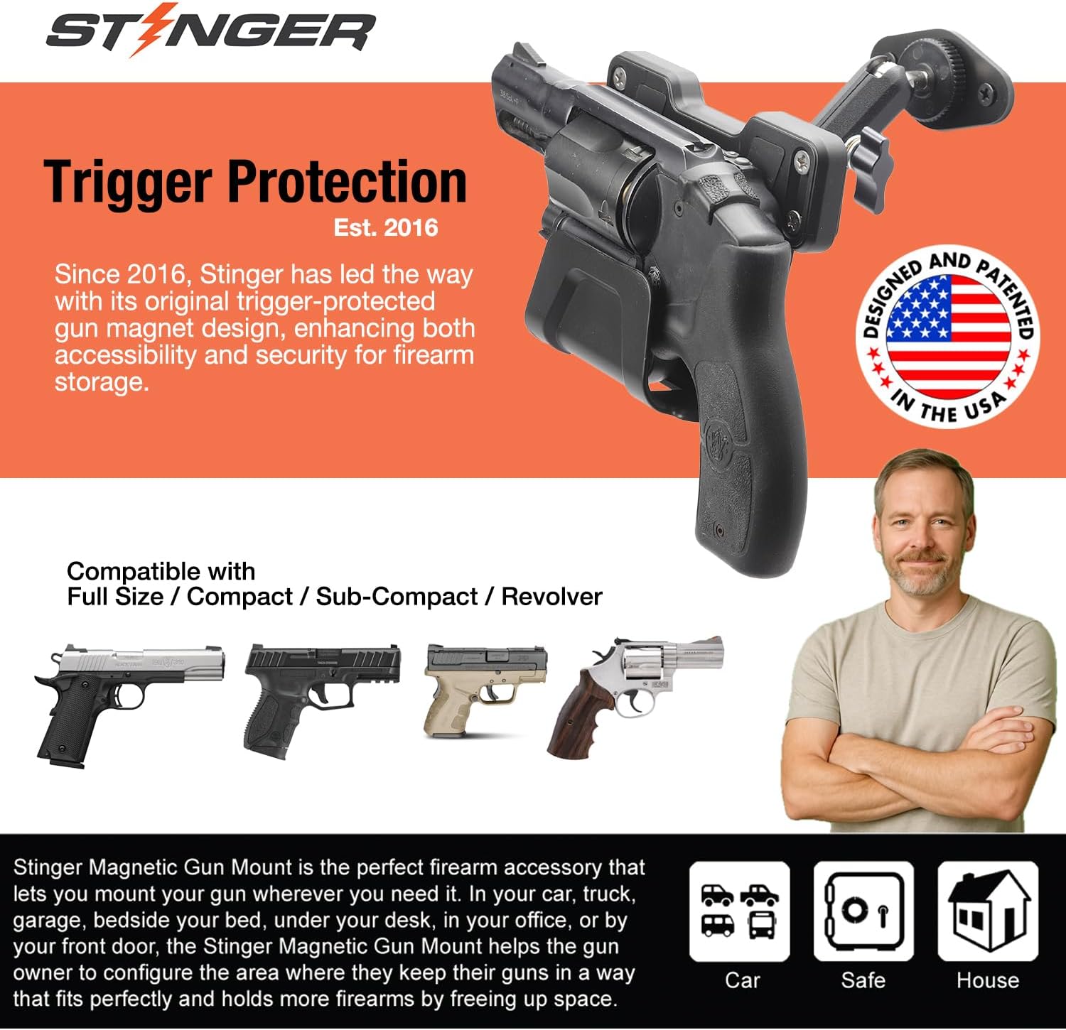 Stinger 360° Car Holsters for Pistols, Universal Magnetic Gun Mount with Trigger-Guard Receptacle, Adjustable Articulated Arm, Concealed Gun Holder for Car, Truck, Vehicle, Desk,and Wall Installation