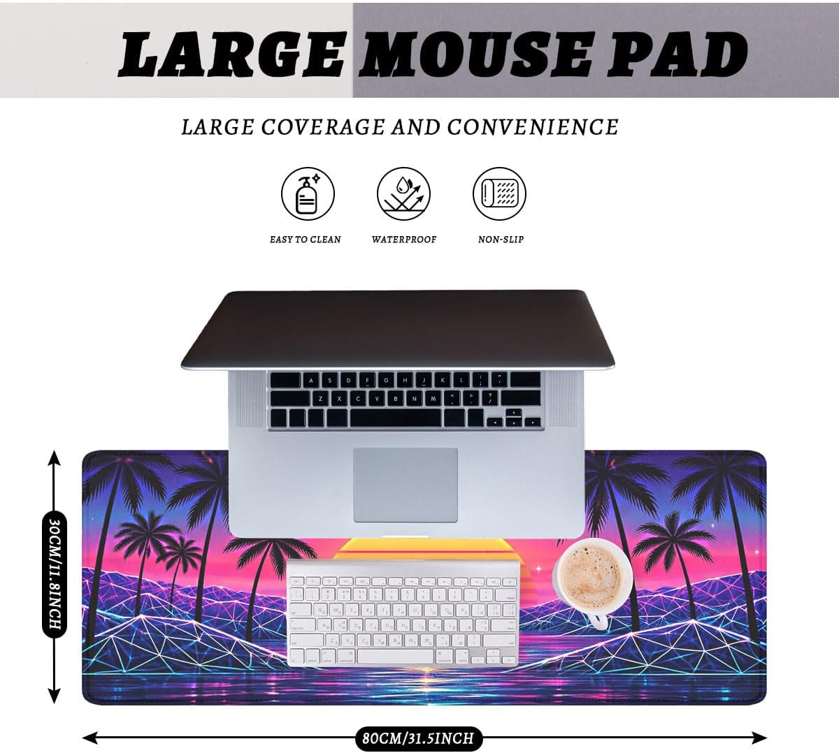 Retro Sunset Mouse Pad, Vaporwave Palm Beach Gaming Desk Mat with Stitched Edges,Non-Slip Waterproof Rubber Base Mouse Mat, 31.5x11.8in Mouse Pads for Desk Home Office Gaming image 2