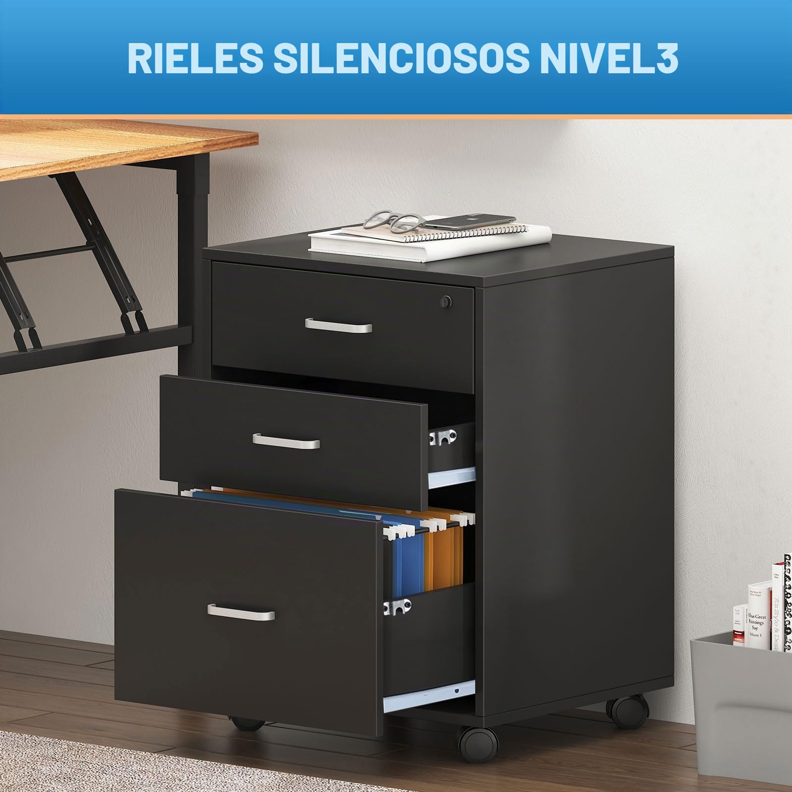 SogesHome Archivador Móvil de Madera con 3 Cajone, Cajonera con Ruedas Armario Cajonera de Oficina con Cerradura