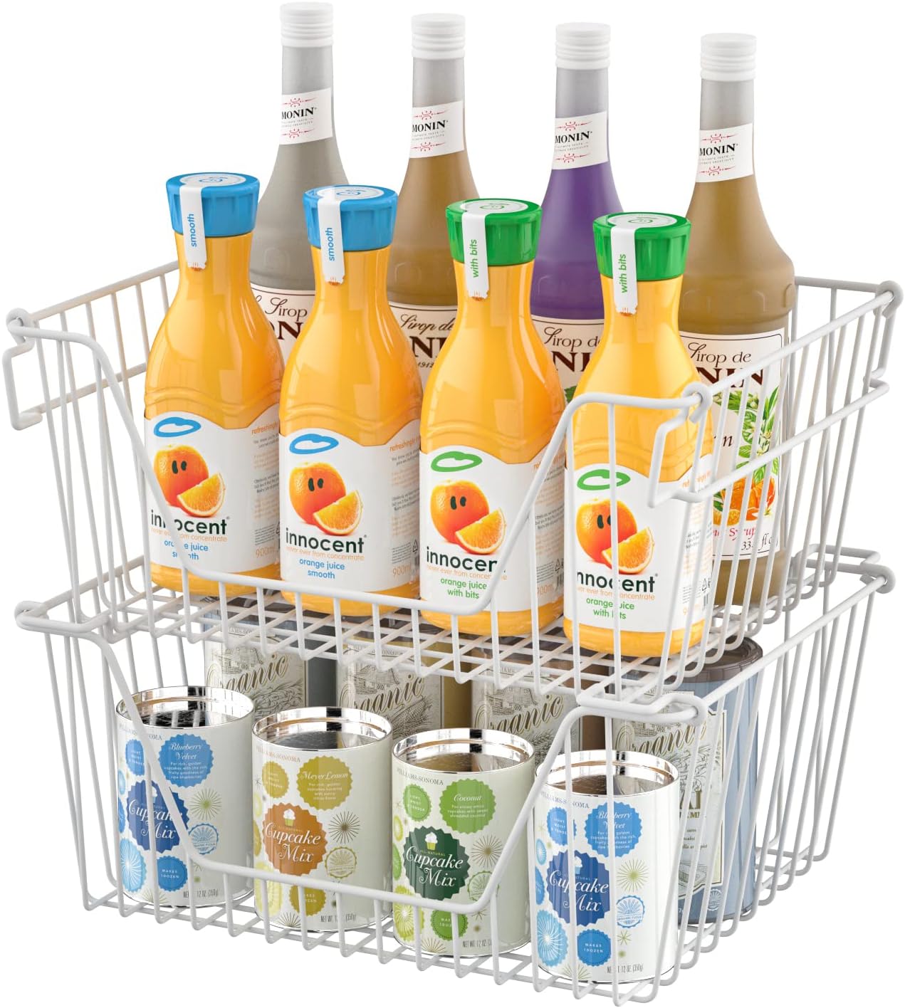 SANNO Stackable Wire Baskets for Organizing Pantry Storage and Organization Metal Bins Fruit Vegetable Organization Pantry Cabinet Metal Bin for Kitchen Counter Bathroom Shelves Storage，White,4