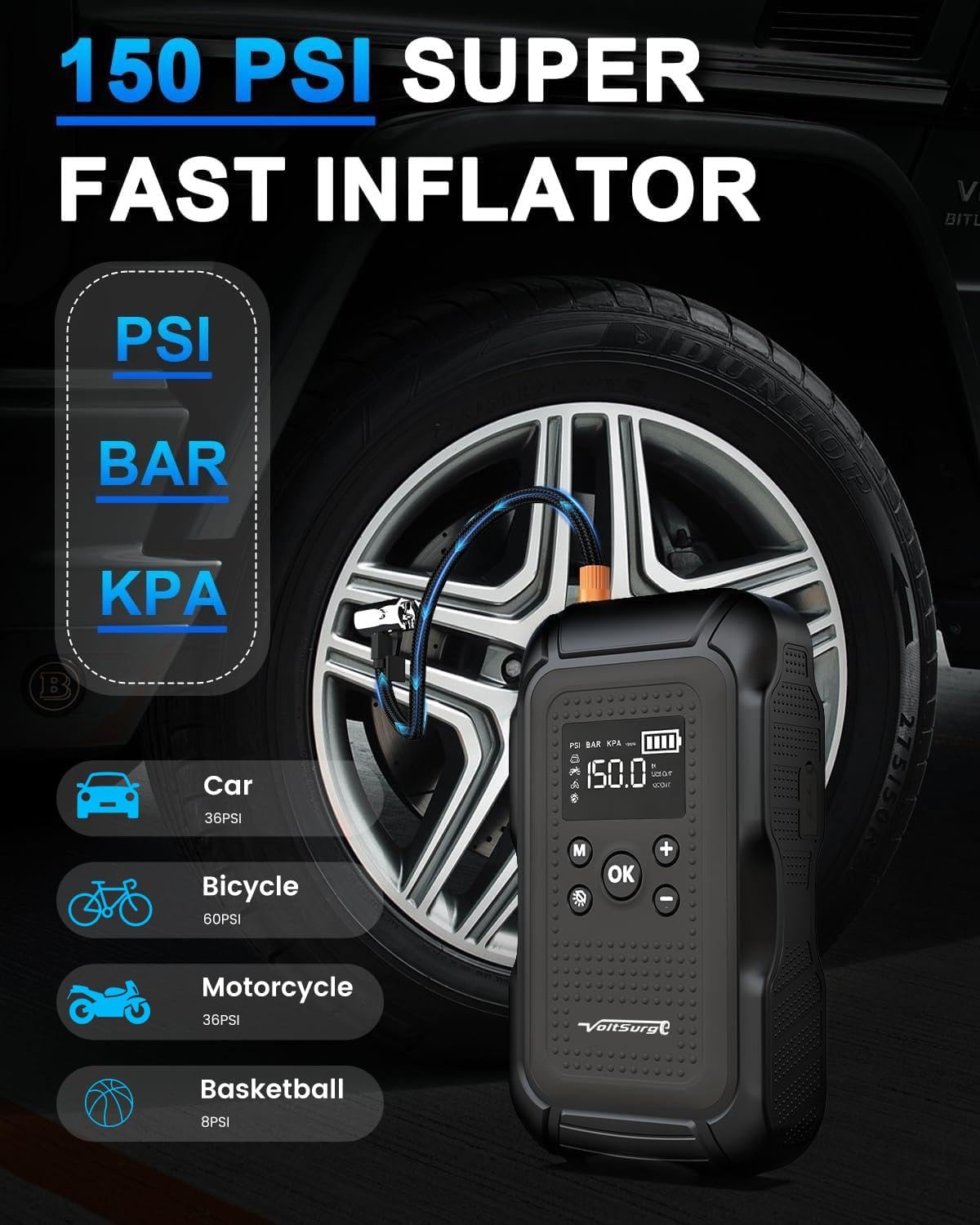 7000A Jump Starter with Air Compressor (All Gas/10.0L Diesel), 12V Jumper Starter Pack with 150PSI Auto Tire Inflator, Car Battery Jump Box Portable with LCD Display & LED Light - Image 4