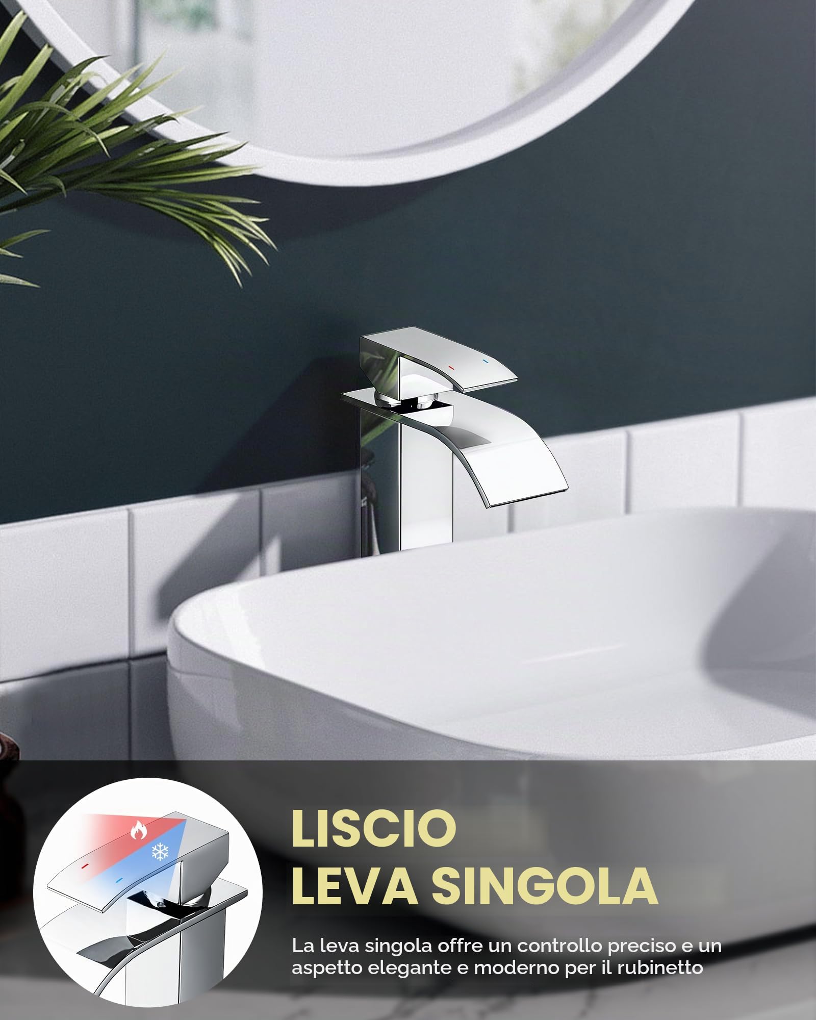 Rubinetto bagno, miscelatore lavabo a cascata in cromo con altezza scarico 224MM, miscelatore monocomando in acciaio inossidabile, rubinetto per lavabo con tubo di collegamento da 60cm