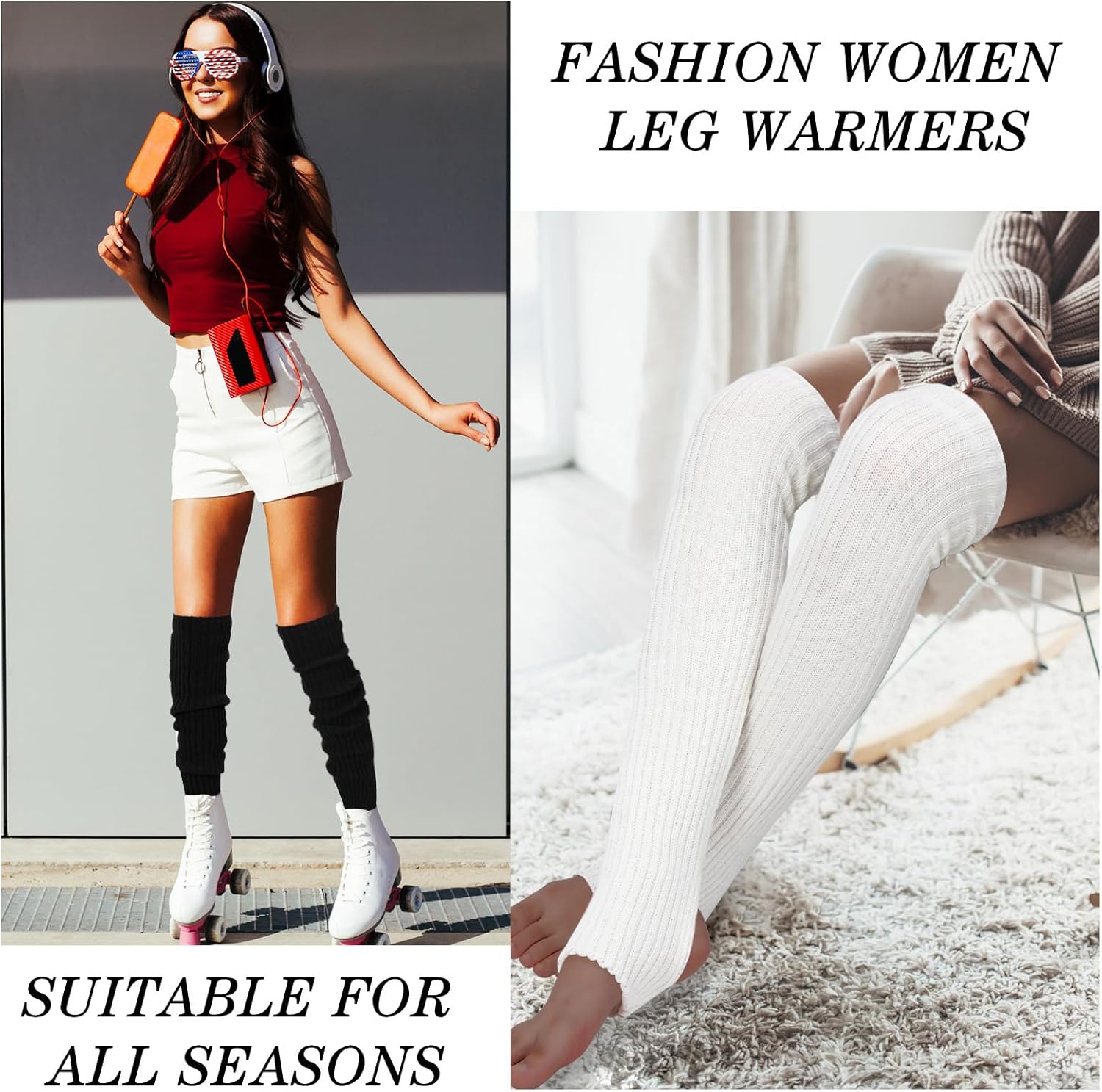 SATINIOR Long Leg Warmers for Women 24 Inch over The Knee Knit Ribbed Leg Warmer Stirrup Yoga 80s Party Dance Ballet Supply - Image 3