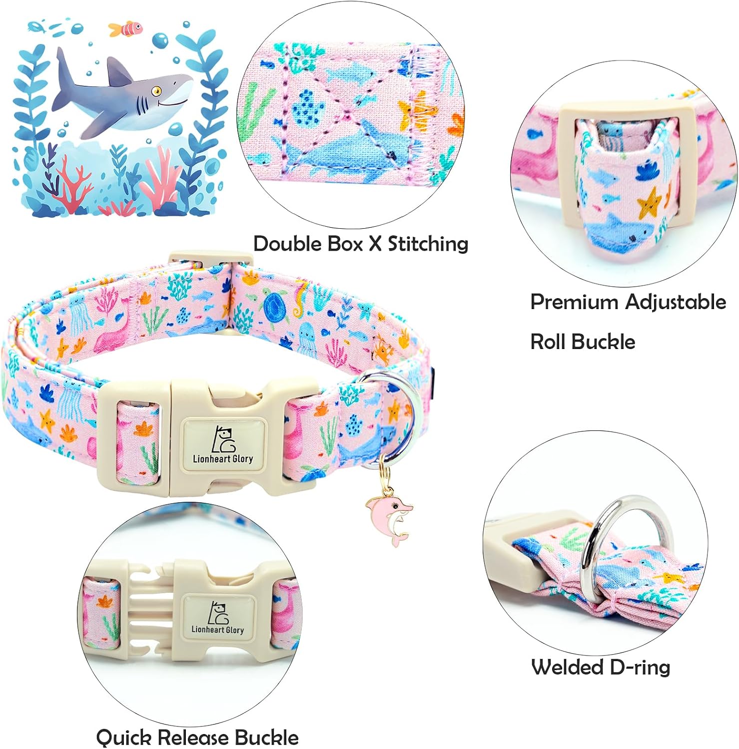 Lionheart glory Dog Collar Sea Animals Print Pink Dog Collars Male or Female Spring Summer Cute Collar Pet Gift Durable Adjustable Dog Collar for Large Dogs image 2