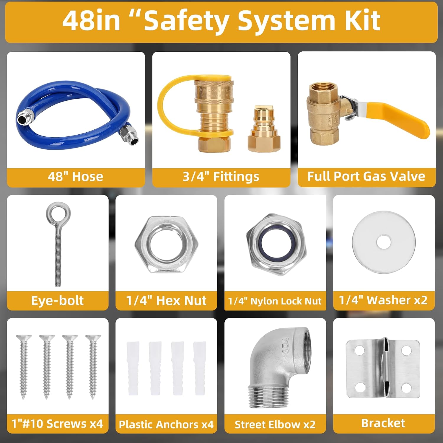 1675kit48 Safety System Kit, Commercial 48" Gas Hose Connector Kit, 3/4 Quick Disconnect, 3/4 Gas Hose, Full Port Gas Valve, Restraining Device and Swivel Connector for Commercial Kitchen Equipment