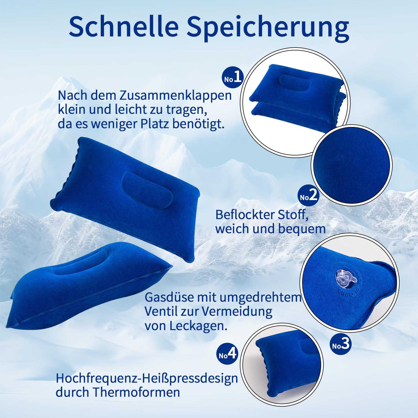 MOAZIFI 2 Stück Aufblasbares Kissen, Strandkissen Camping Reisen Urlaub Must Haves - Ultraportable Komfortkissen mit Weicher Beflockung für Strand Freizeit Camping Reisen Auto Hotel - 38 x 24 cm