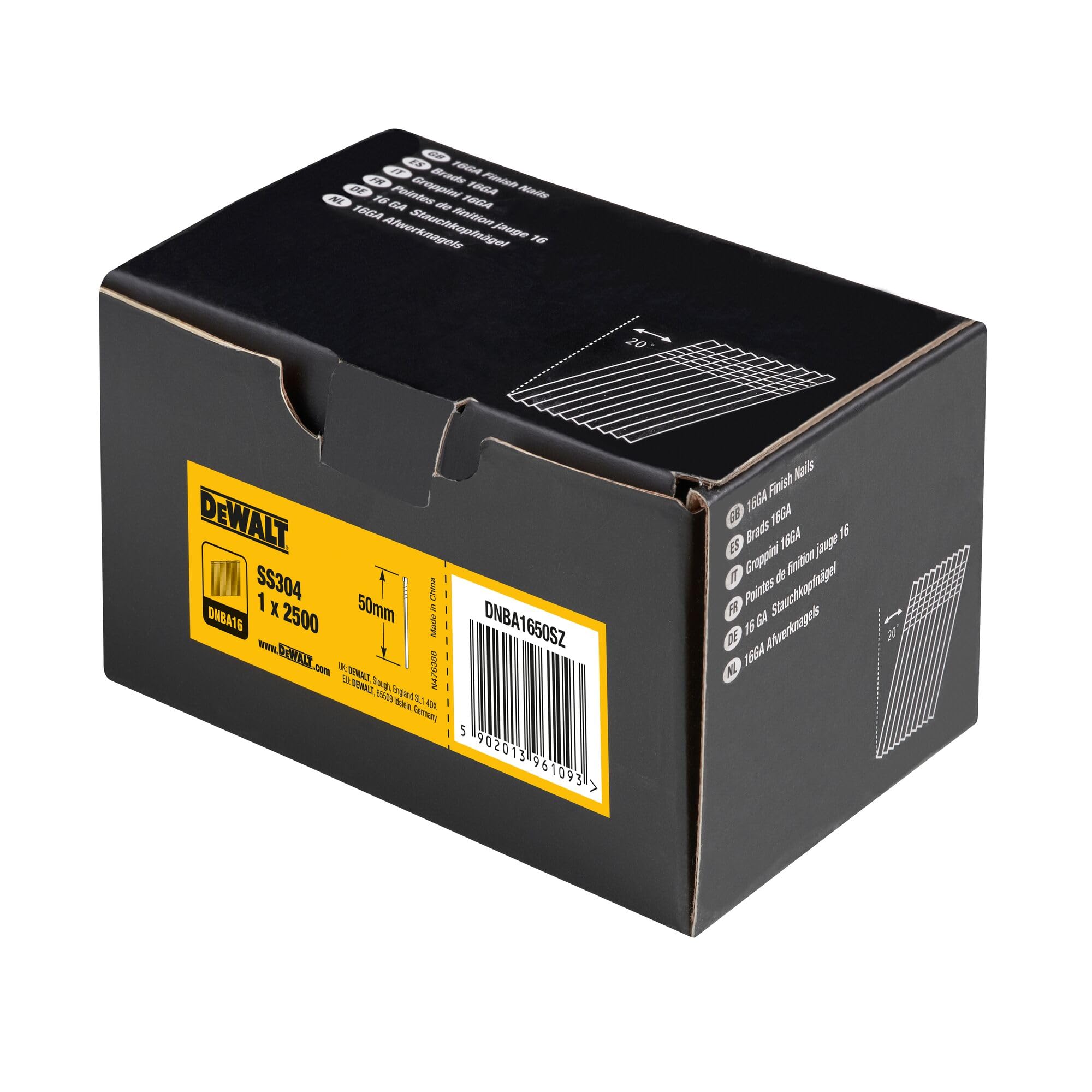 DEWALT DNBA1650SZ Clous 20, Gris, Taille SS 50mm, Set de 2500 Pièces