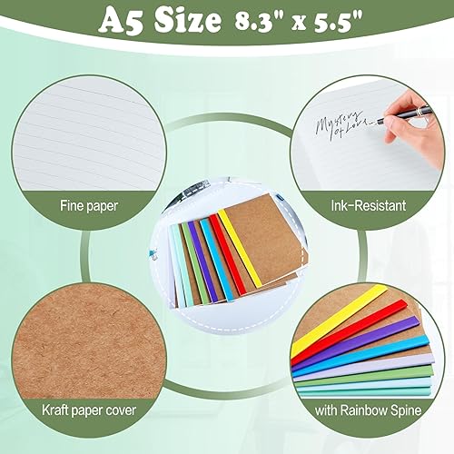 Miniatura 4 de Paquete de 40 cuadernos de composición a granel, cuadernos de papel kraft rayados A5, diarios de viaje con rayas universitarias con 8 colores de