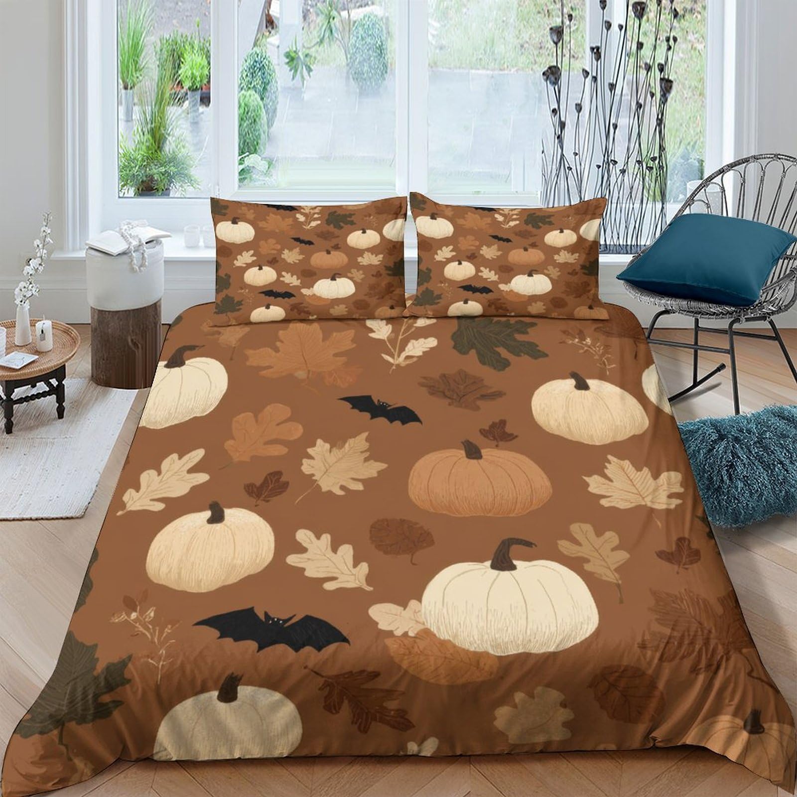 Ctjqhvkz Style-1 3D Printed Pumpkin Leaf Fitted Sheet Microfiber Soft Autumn Bat Mattress Cover For Bedroom Guest Room Easy Care Decor, Brown Single（135X200cm）