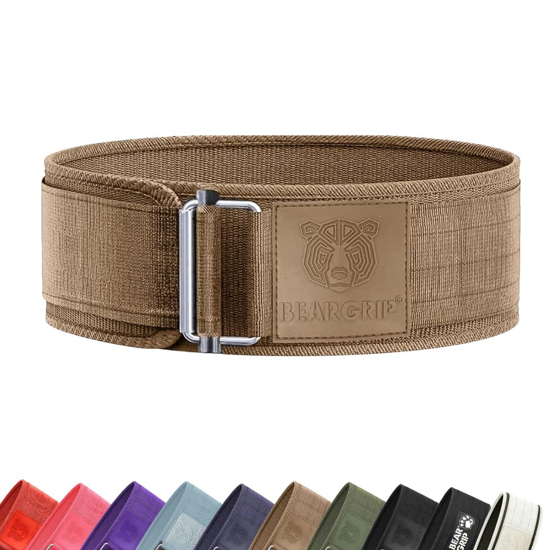 BEAR GRIP - Self-Locking Weight Lifting Belt, Premium Weightlifting Belt for Crossfit, Power Lifting, Bodybuilding, Lifting Belt for Men and Women, Workout Belt for Liftin (Beige, XL)