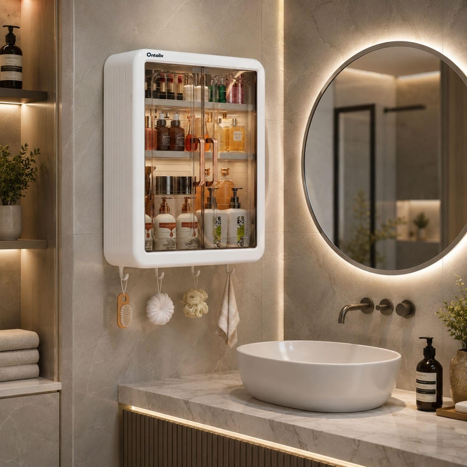 Bathroom Cabinet with 2 Doors Wall Mounted Storage Organizer Mirror Front ABS Plastic Double Door Cabinet Space Saving Multipurpose Bathroom Accessories Storage Unit for Home Kitchen Use-image-24