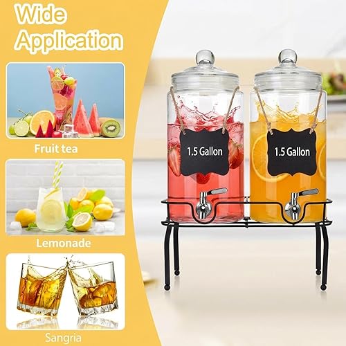 Miniatura 2 de Juego de 2 dispensadores de bebidas de vidrio de 1.5 galones, dispensadores de bebidas para fiestas, dispensador de bebidas con soporte y tapa de