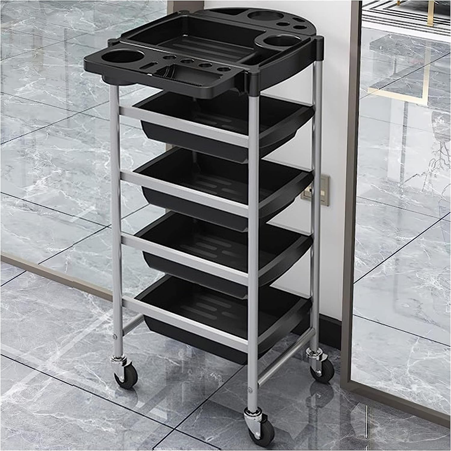 Salon Trolley with 5 Layers Hair Dryer Rack Foldable Top Tray Multi functional Rolling Cart Strong Load bearing Tool Cart Silvery