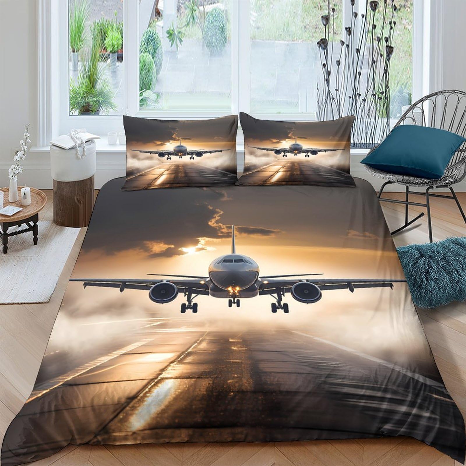 Ctjqhvkz Style-9 3D Printed Sunset Runway Fitted Sheet Microfiber Soft Airplane Bed Cover For Bedroom Guest Room Decor Protection Single（135X200cm）
