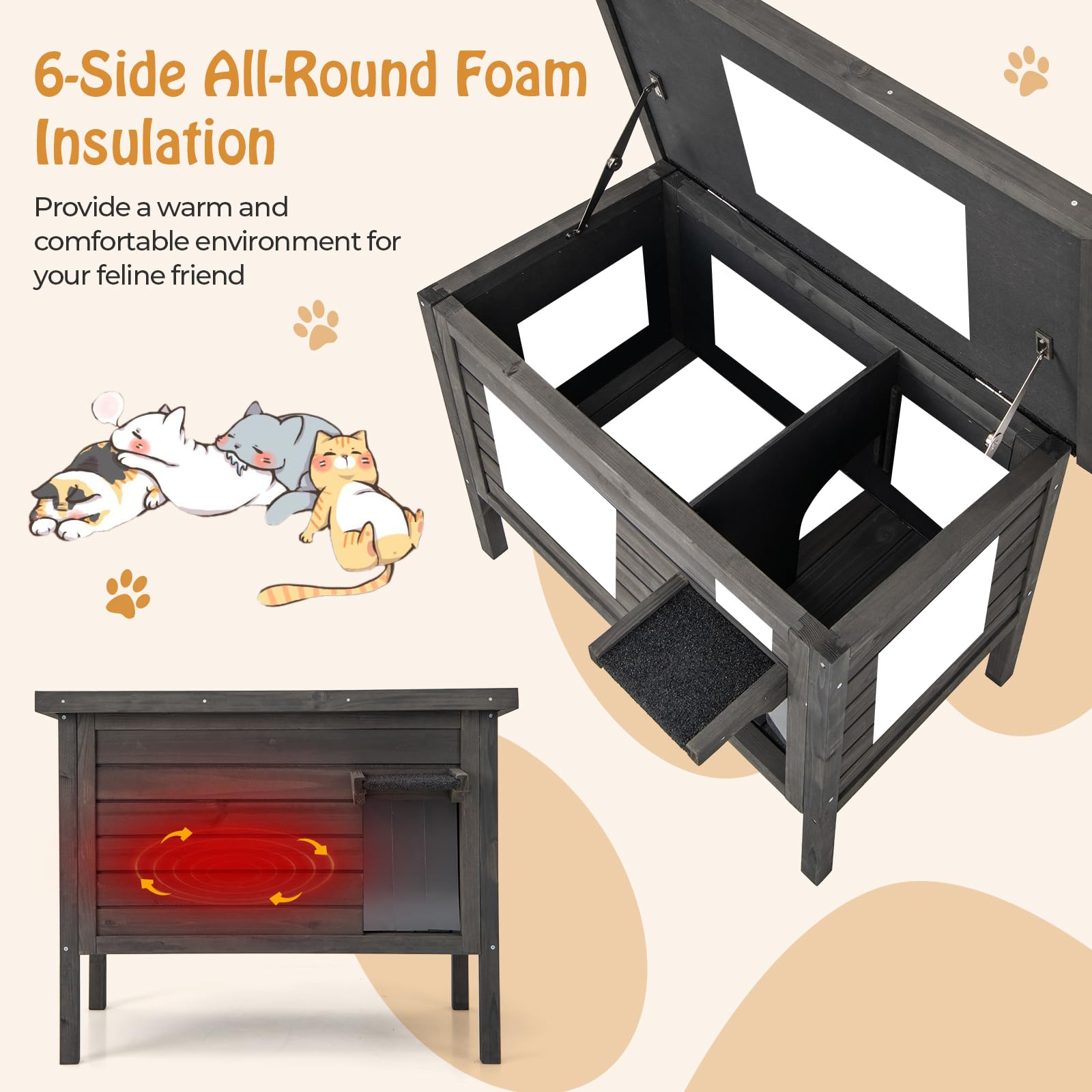 Giantex Outdoor Cat House - Weatherproof Feral Cat Shelter with All-Round Foam Insulated, Openable Roof, Detachable Divider, Elevated Wood Cat Shelter Enclosures for Outside Cats Kitty Rabbits