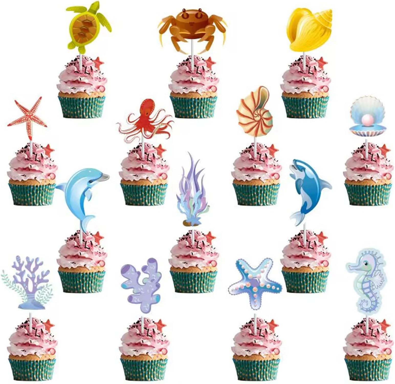 42 Pcs of Undersea World Biology Cupcake Toppers with Cute Dolphin,Sea Grass in Various Forms,Sea Turtle Conch Shell Octopus Cake Decoration,for Baby Shower,Marine Themed Birthday Party Supplies