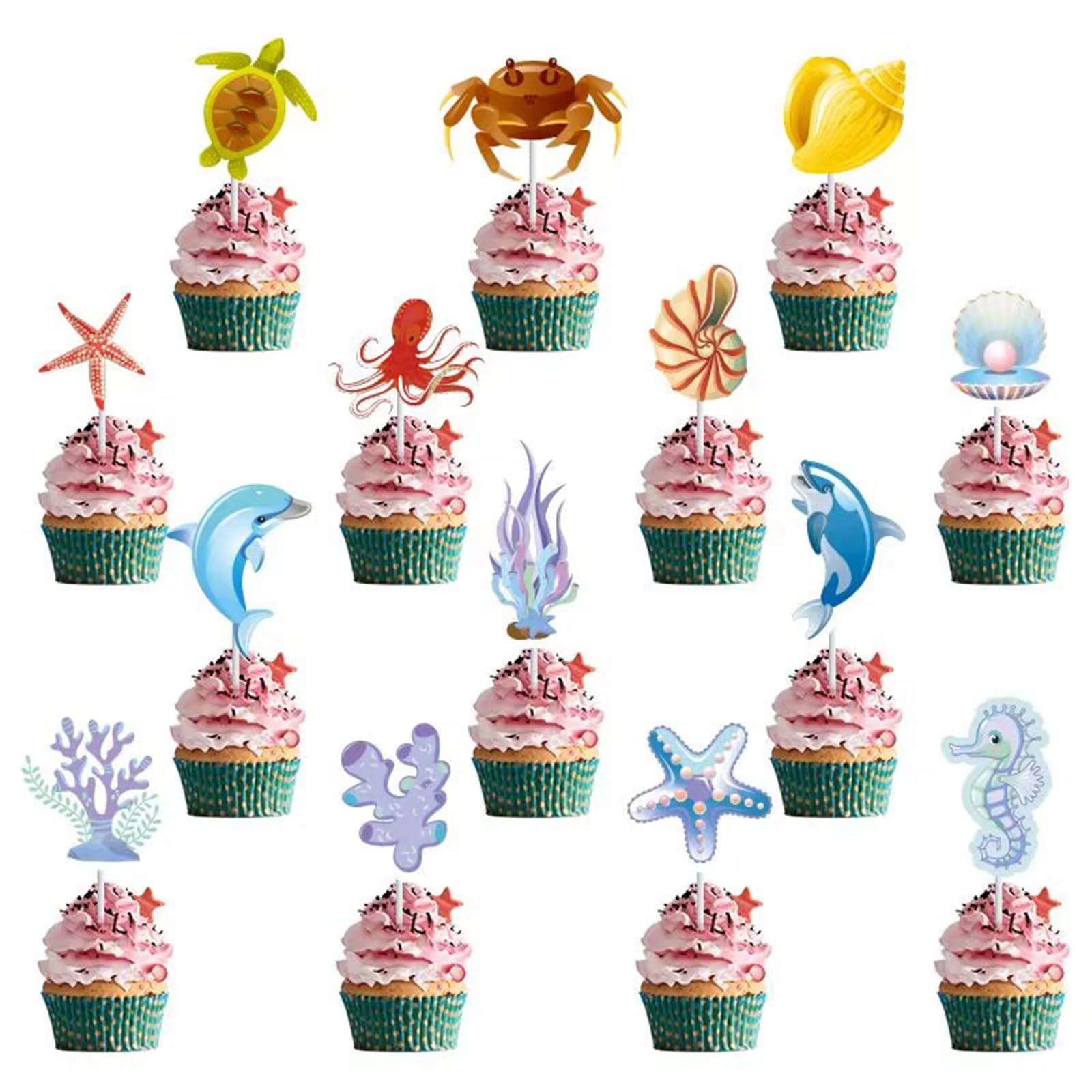 42 Pcs of Undersea World Biology Cupcake Toppers with Cute Dolphin,Sea Grass in Various Forms,Sea Turtle Conch Shell Octopus Cake Decoration,for Baby Shower,Marine Themed Birthday Party Supplies