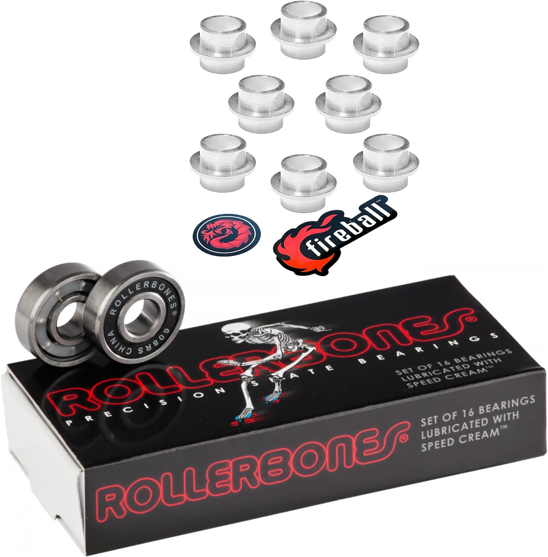 Rollerbones Bearings 8mm 16 Pack - w/Dragon Spacers - Bones Bearings Roller Bearing Set for Roller Derby Inline Skates & Rollerblades (608, w/Self Centering Spacers)