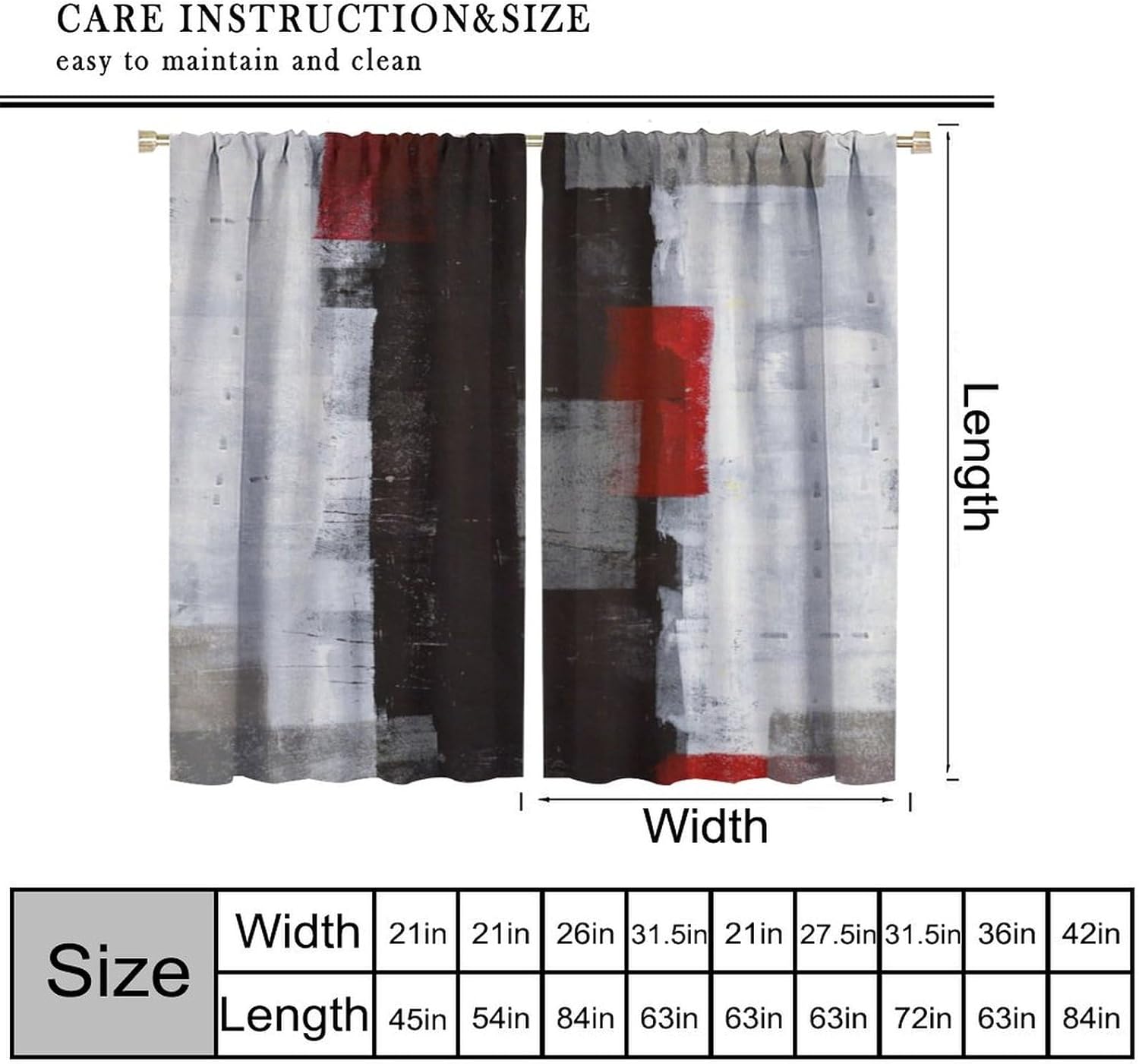 Abstract Curtains Red Black and Grey Rod Pocket Blackout Window Drapes for Bedroom Living Room Kitchen Cafe Decor （W21xL63 Inch） x2 Panels