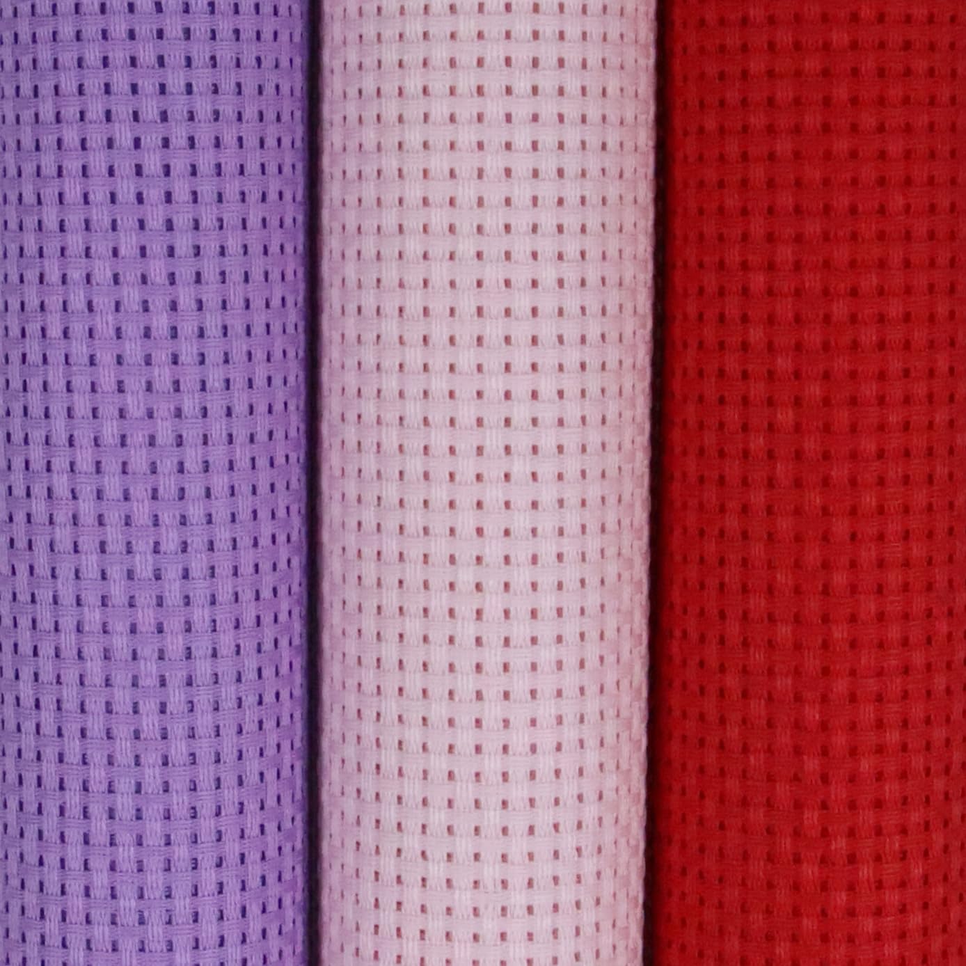 KCS 3 pc of 15" x 18"(38cmx45cm) 11 Count Cross Stitch Cotton Aida Cloth Needlework Rolled Fabric Box,11CT,Lavender+Pink+Red