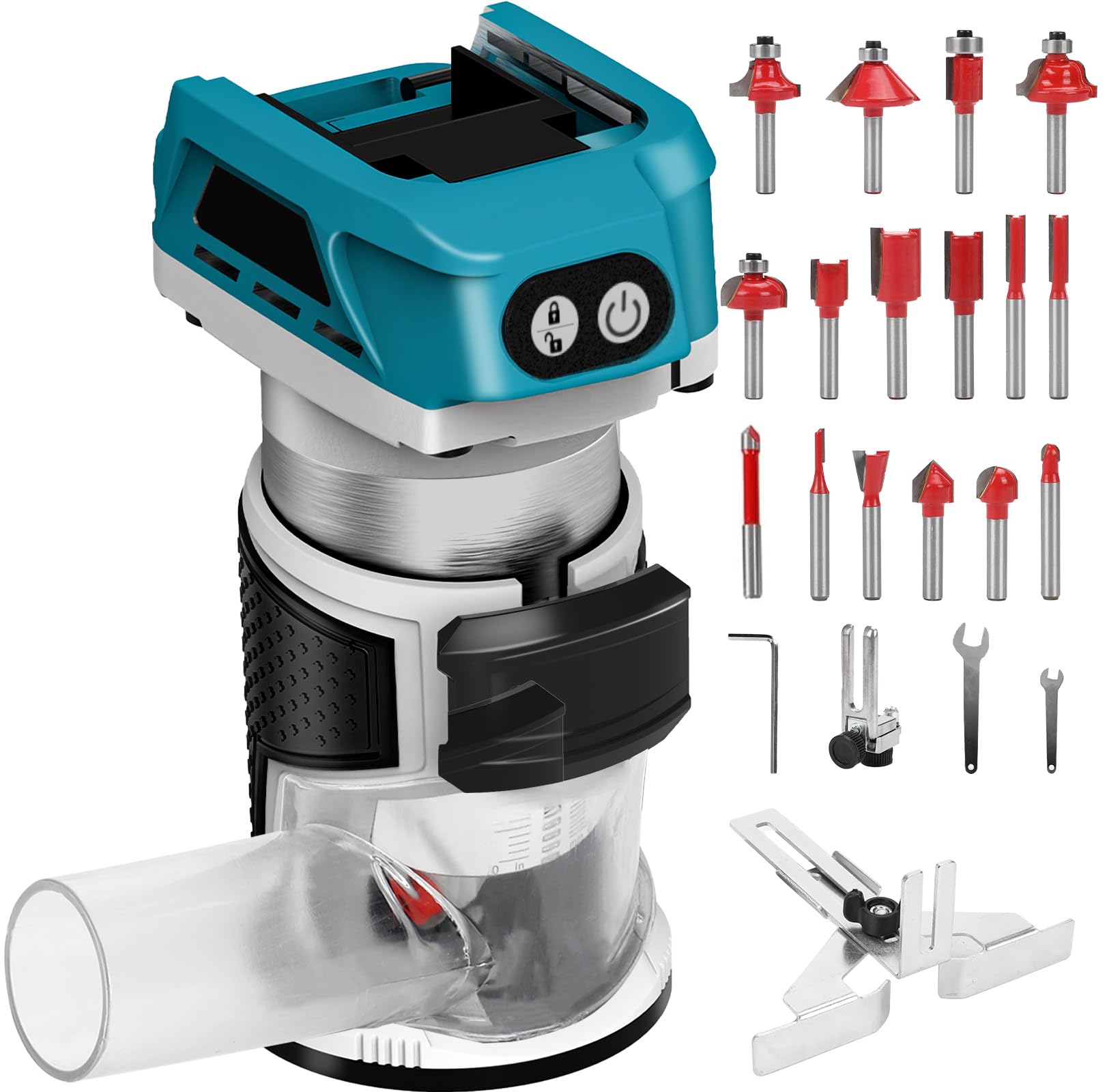 Router inalámbrico compatible con batería Makita 18 V (sin bateríe), recortadora de madera 800 W 6 velocidades, guía recta, rueda guía, 15 brocas fresado, conducto de polvo