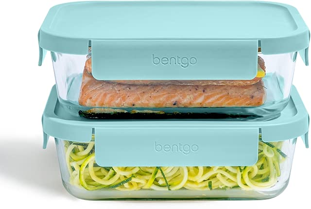 Bentgo Glass Leak-Proof Food Storage Set - 4-Piece Glass Containers with BPA-Free Airtight Lids, Reusable & Durable for Leftovers & Meal Prep - Microwave, Freezer, Oven & Dishwasher Safe (Soft Aqua)