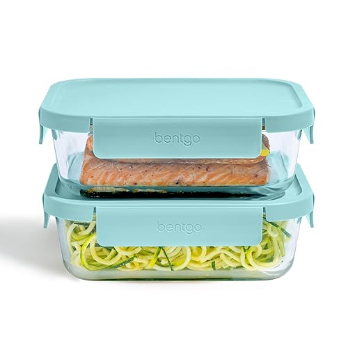 Bentgo Glass Leak-Proof Food Storage Set - 4-Piece Glass Containers with BPA-Free Airtight Lids, Reusable & Durable for Leftovers & Meal Prep - Microwave, Freezer, Oven & Dishwasher Safe (Soft Aqua)
