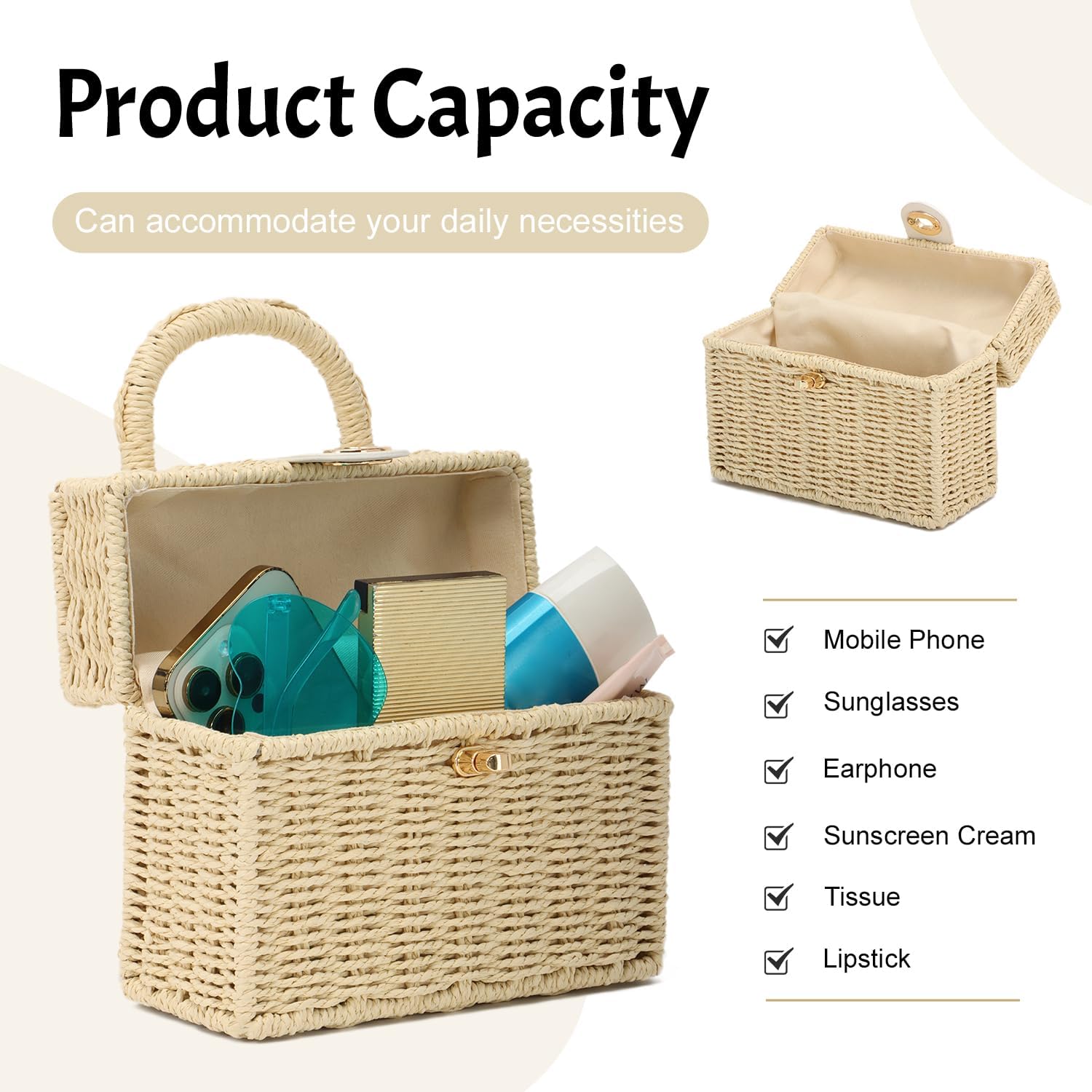 Handwoven Straw Basket Bag for Women Small Rattan Square Tote Wicker Straw Crossbody Bag