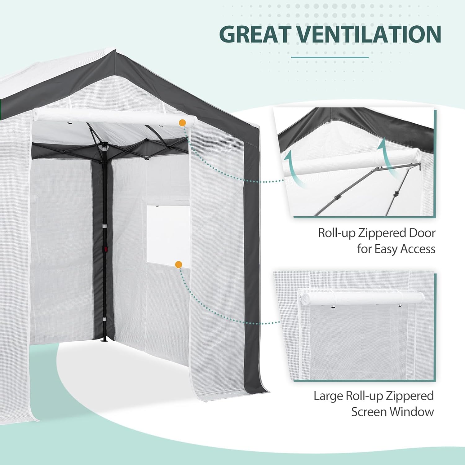 Greenhouse with roll-up door and windows open for ventilation