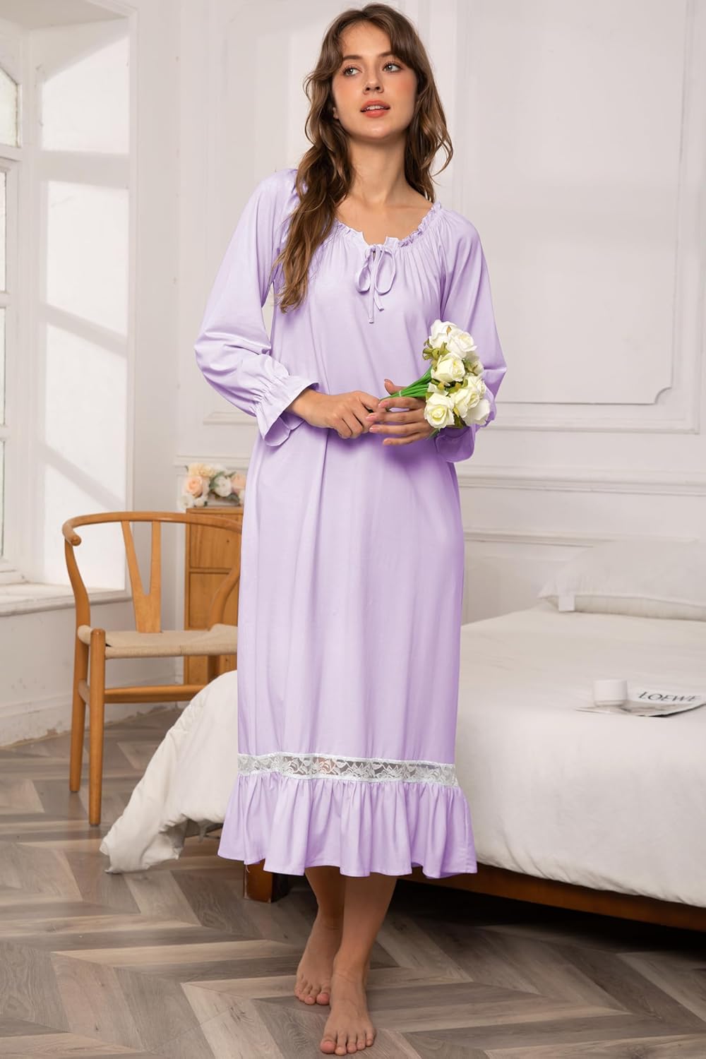 Nanxson Womens Cotton Nightgown Long Sleeve Sleepwear Vintage Victorian Lace Nightdress Loungewear - Image 3