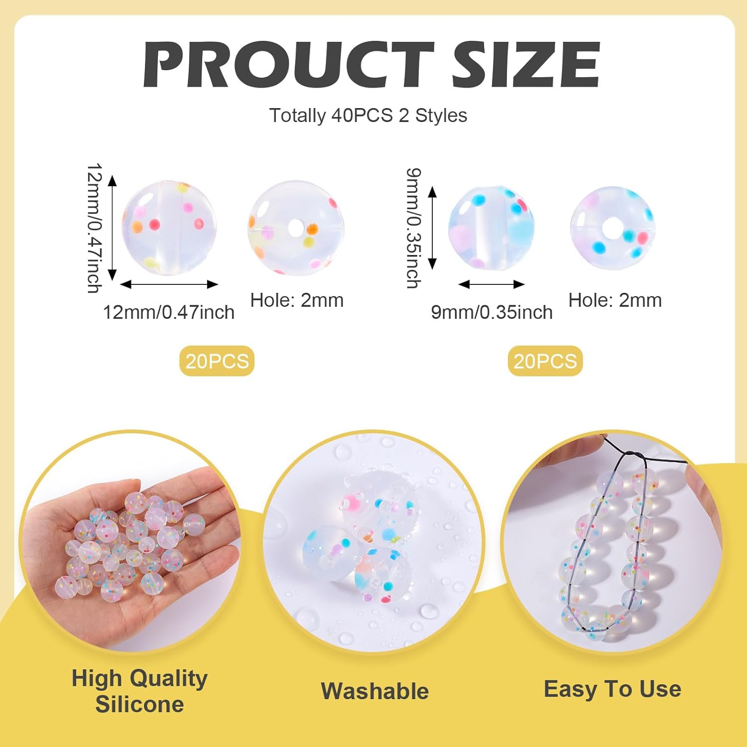 Pandahall 40Pcs Clear Silicone Beads Polka Dots Silicone Focal Beads 9mm 12mm Round Rubber Bead Bulk for Beadable Pen Keychain Making Necklace Bracelet - Image 5