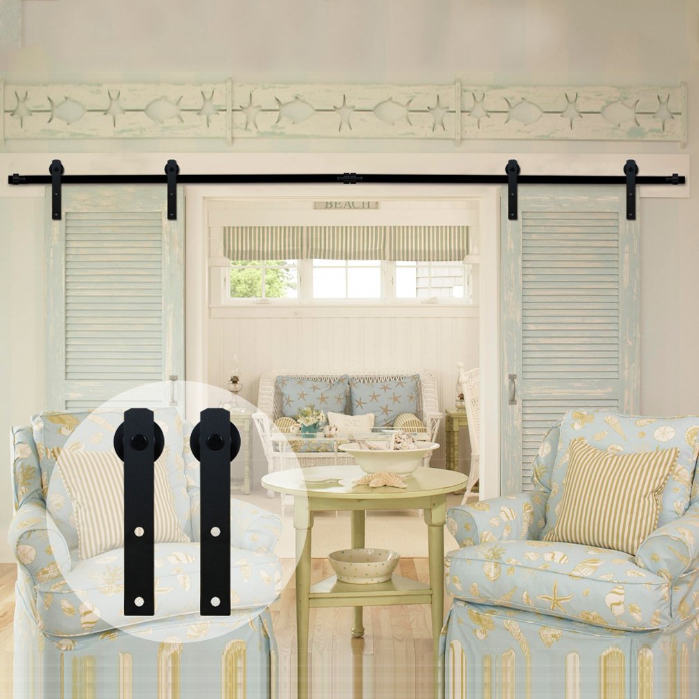 Kit de herrajes para puerta corrediza de madera de granero negro de 228 cm para puerta doble, funcionamiento suave y diseño para una fácil instalación y uso duradero