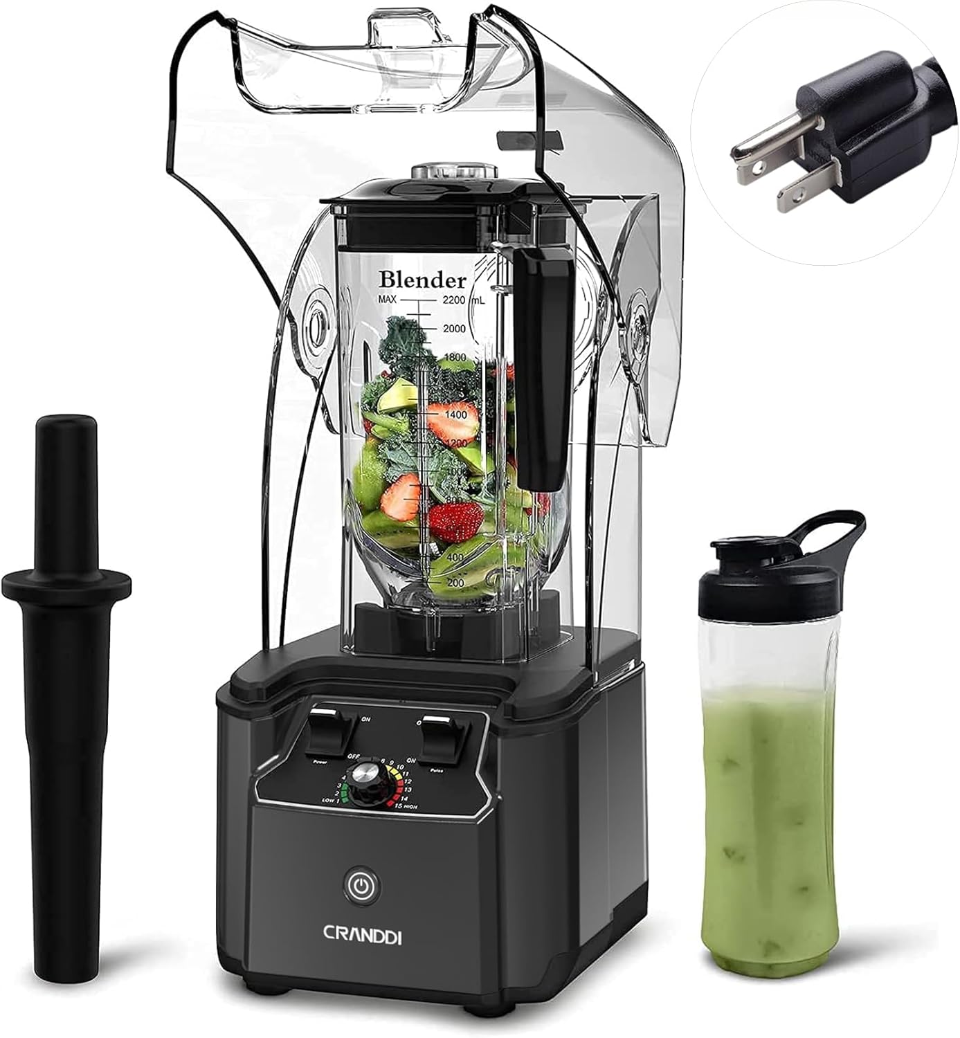 CRANDDI Quiet Commercial Blender with Soundproof Shield, 2200 Watt Professional Blenders for Kitchen with 80oz Pitcher and Self-Cleaning, High-Speed Blenders K90 Grey
