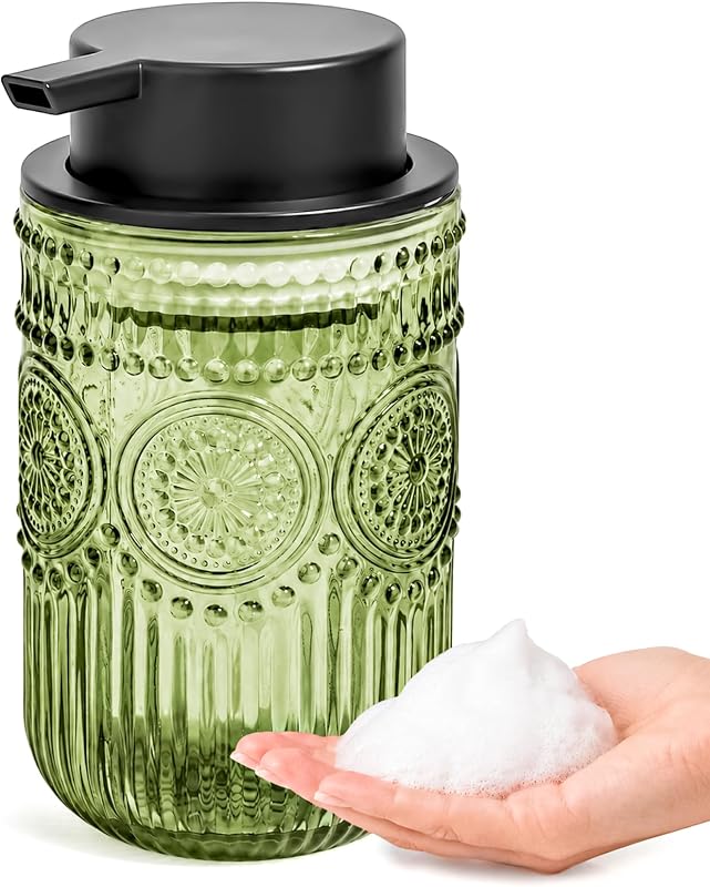 QeemTaco Frasco Recarregável de Vidro para Sabonete Espumante Verde, com Bomba Preta, 408 mL