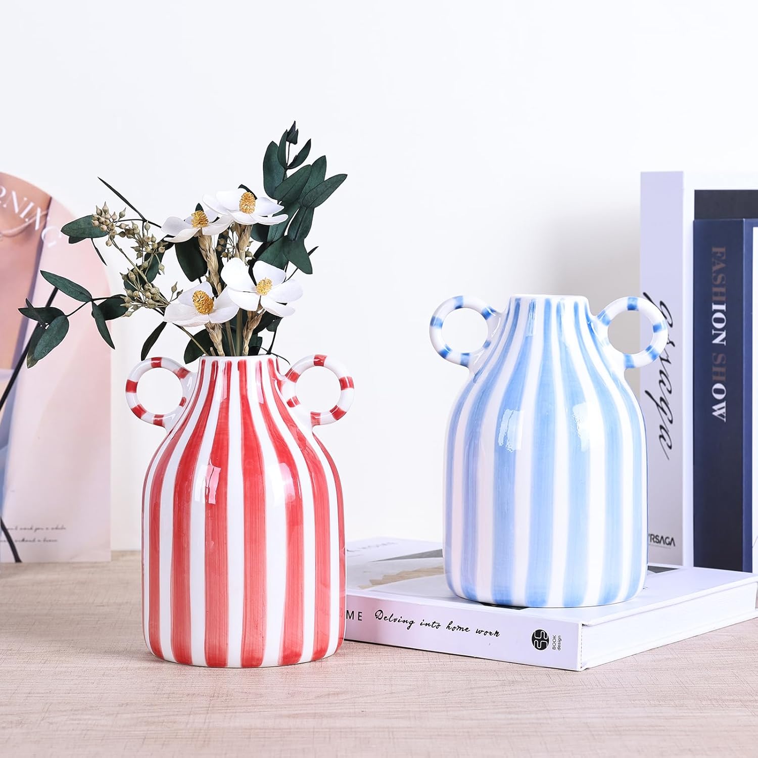 LCCCK Red and White Ceramic Vase, Mid Century Modern Striped Small Vases for Flower&Pampas Grass Centerpiece, Red White Checkered Vase for Dining Table Kitchen Tabletop Minimalist Decorative - Image 3