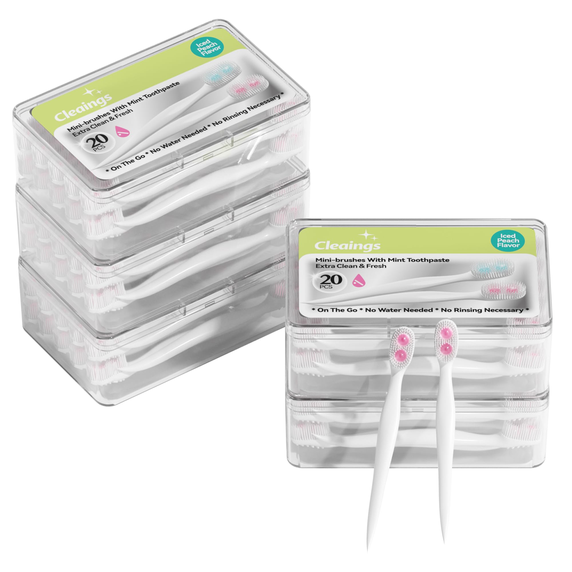 cleaingsMini Brushes-Disposable Toothbrushes with Double Cleaning Beads Toothpaste and Pick for Work or Travel, 20 Count-Peach Flavor（Pack of 5）