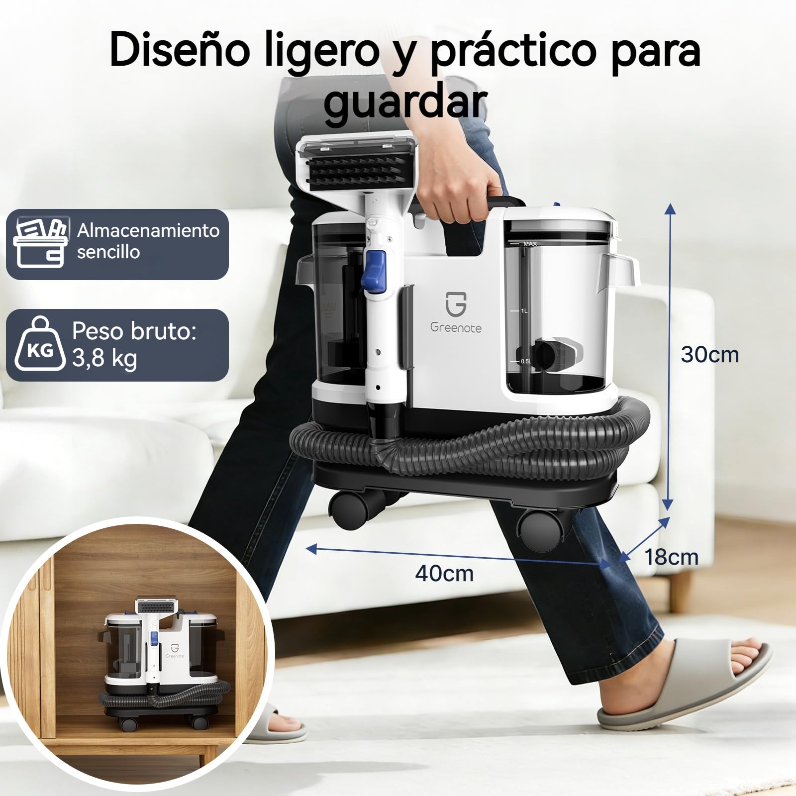 Greenote Limpiador de Alfombras 600W,4 Ruedas Giratorias para Máxima Maniobrabilidad, Almacenamiento Compacto,Autolimpieza de Manguera,Potente Aspiración,Depósitos 1,8L/0,8L, Manguera 1,5m y Cable 5m