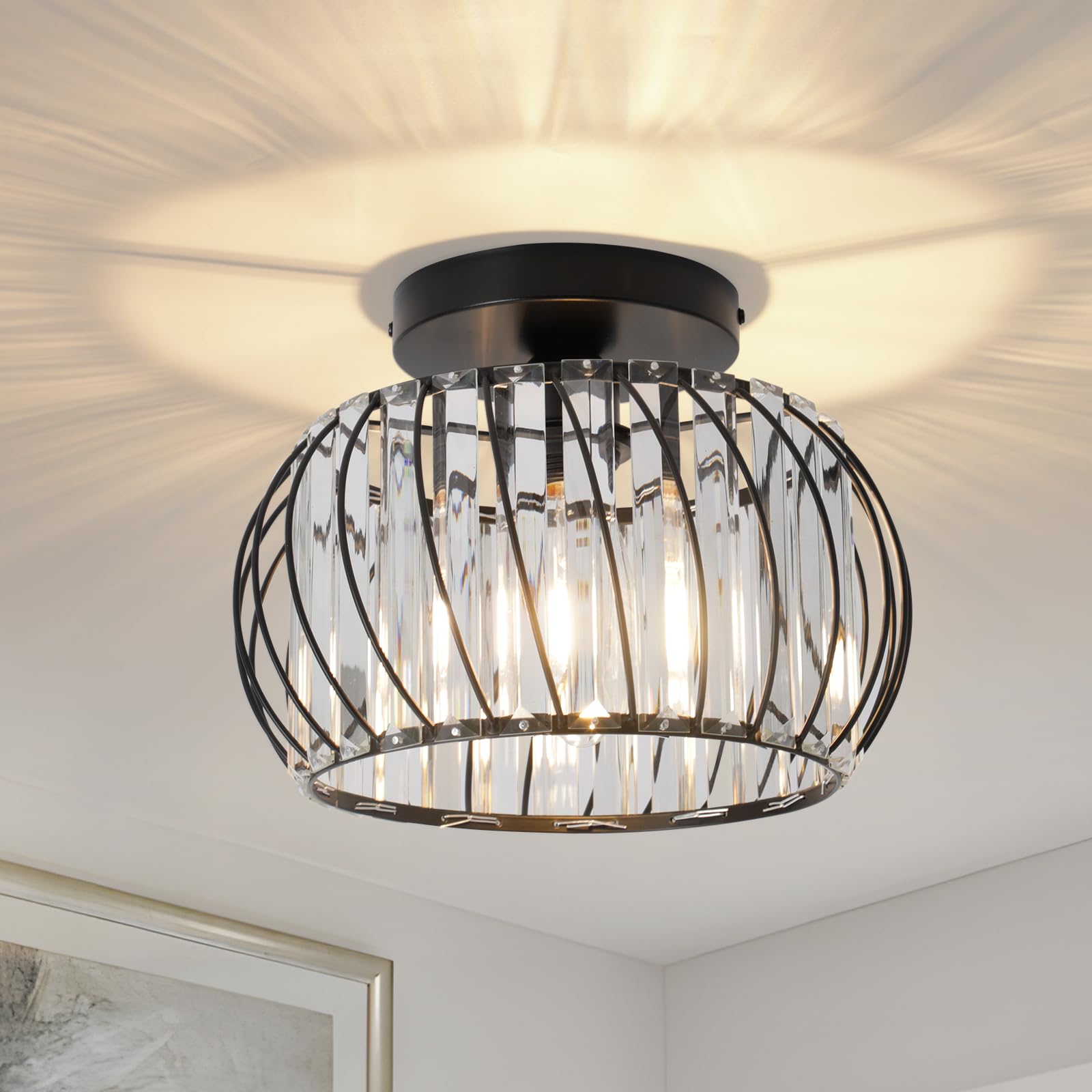 ZYDTRIP Crystals Ceiling Light Fixtures Chandelier, Black Semi Flush Mount Ceiling Light Fitting for Hallway Entrance Kitchen Bedroom Dining Rooms Living Rooms Bar