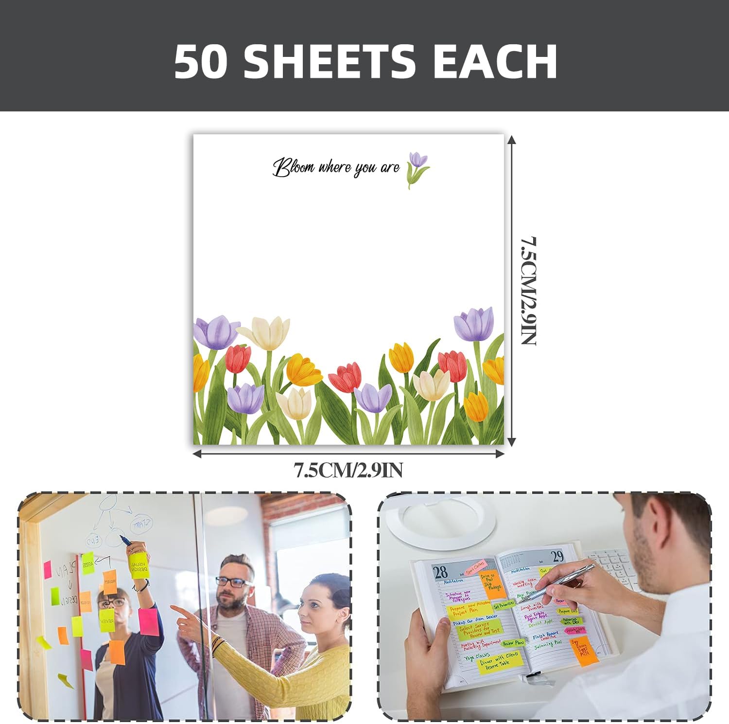 Cute Floral 4-Pad/200 Sheets 3x3in Sticky Notes Set, Adorable Memo Pads with High-Adhesive, Reusable Tearable Post it Notes for Journal Planners Office School Home, Bulk Stationery Gift - Image 8